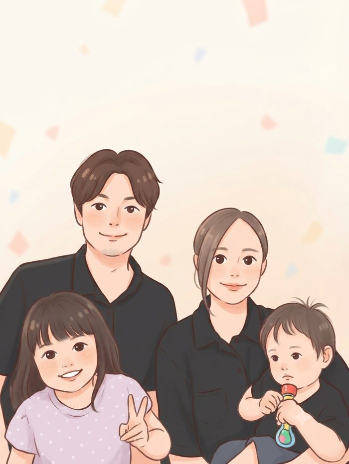 ベルエアサービス 鐘川ご夫婦とお子様のイラスト